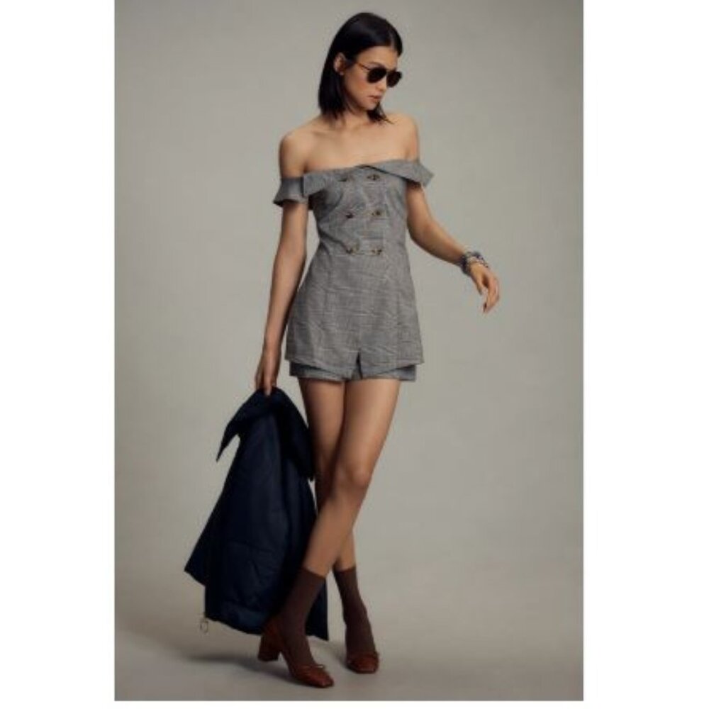 Anthropologie Maeve Off-The-Shoulder Button-Front Romper - Grey Plaid–Size 6–NTW